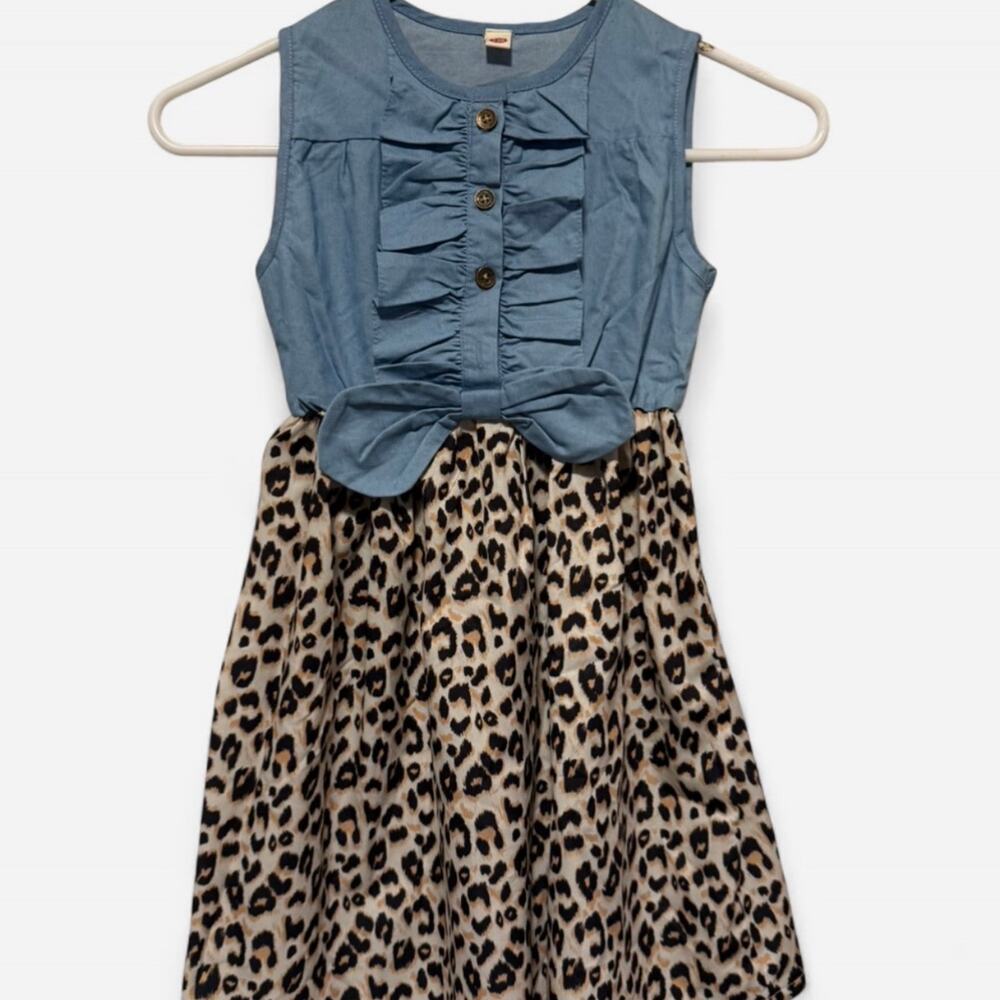 Girls Denim Leopard Print Bow Dress Size 8